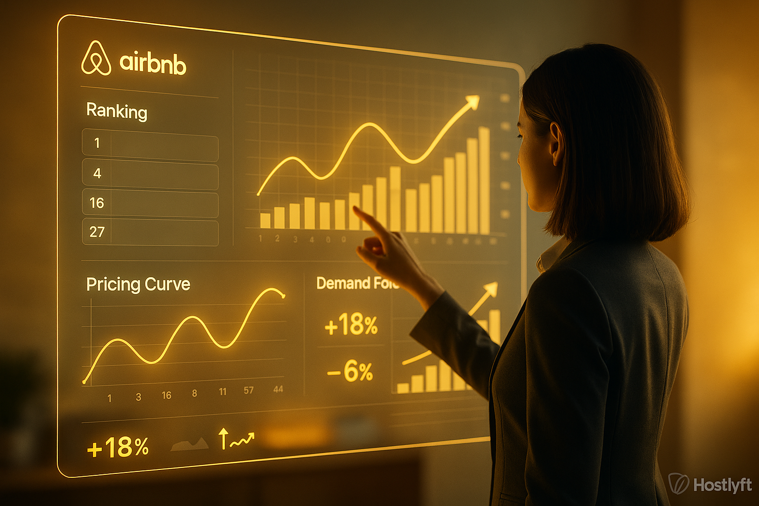 Revenue manager analyzing Airbnb ranking and pricing data on a transparent digital screen.